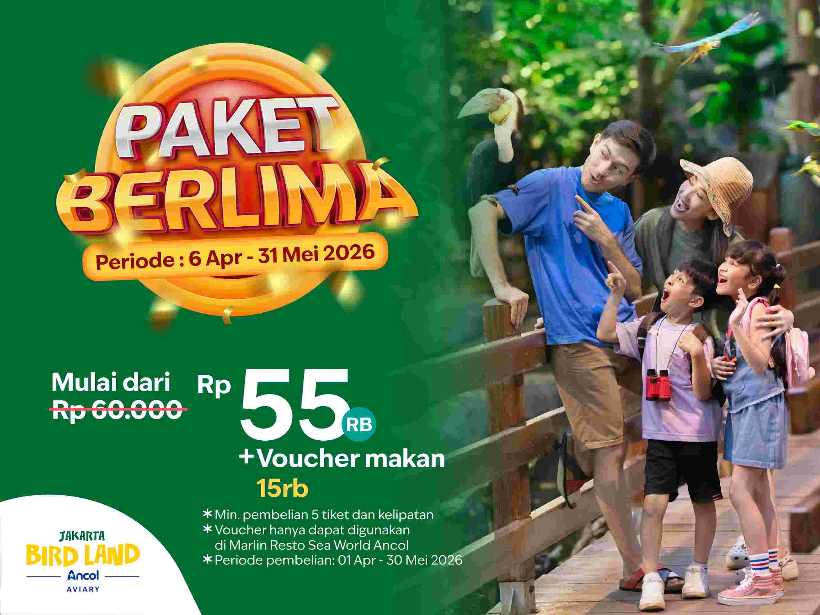 Promo Paket Berlima Jakarta Bird Land, Liburan Keluarga Lebih Hemat di Ancol